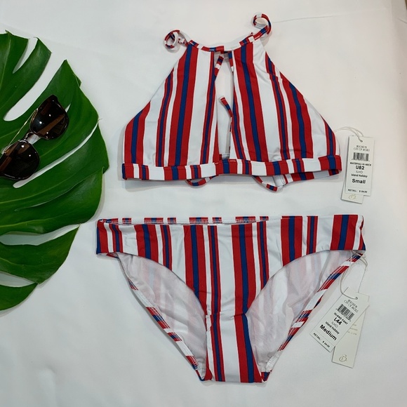 NWT B. Swim Stripe Halter Bikini Top + Full‎ Bottom [ 2 Piece Set ] Summer Cute - Picture 1 of 8